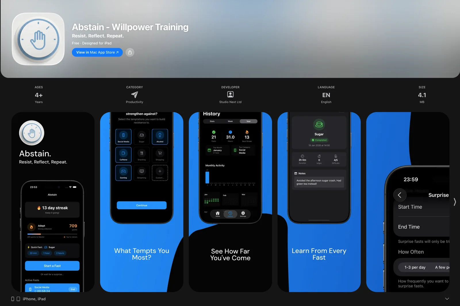 Abstain screens showing willpower challenges, progress, and statistics