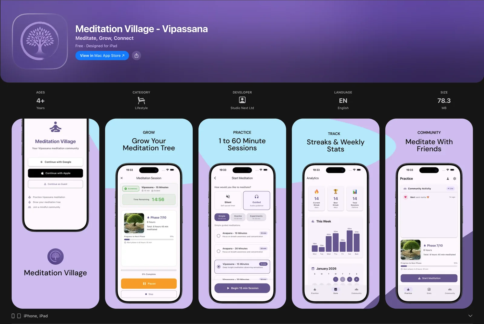 Meditation Village screens showing meditation sessions and practice progress