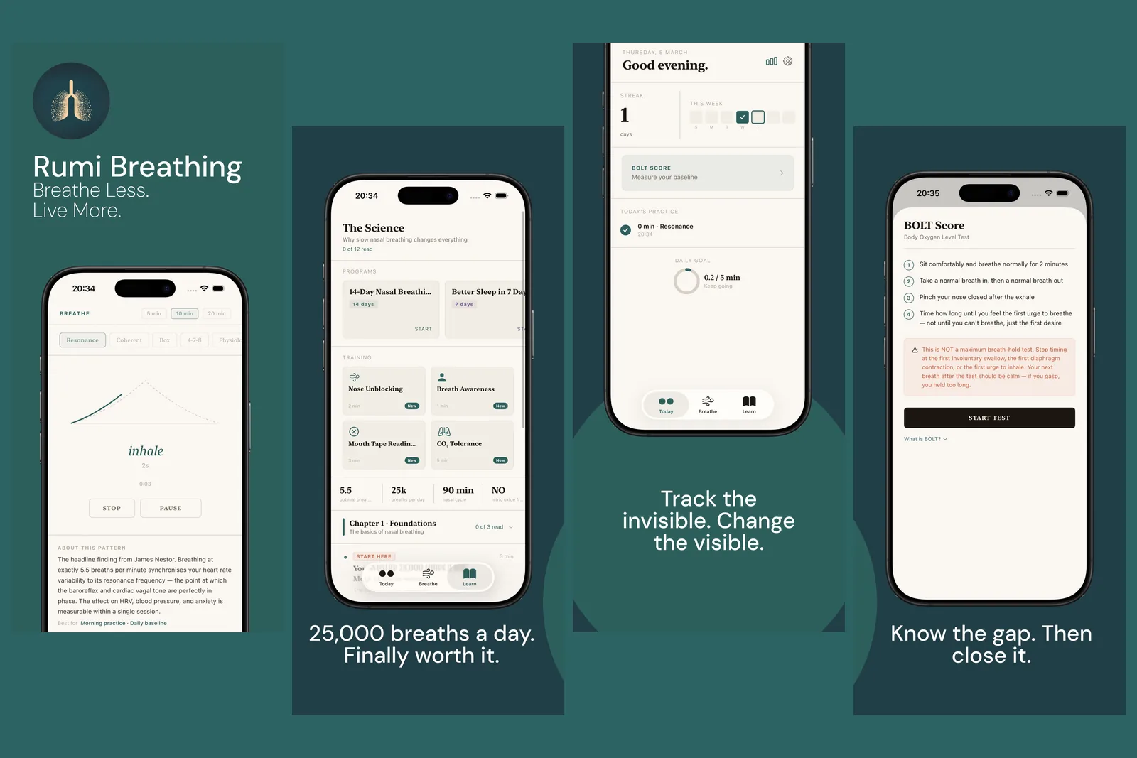 Rumi Breathing screens showing guided breathing, lessons, and progress tracking