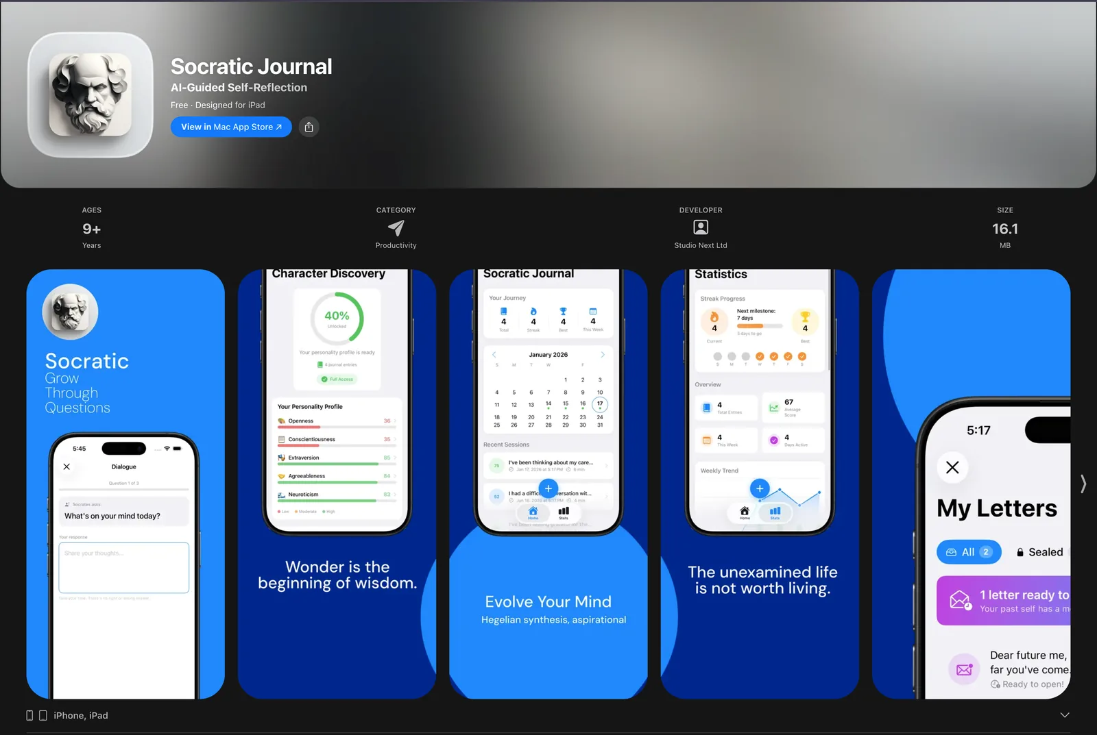Historical Socratic Journal screens showing guided reflection and philosophical prompts