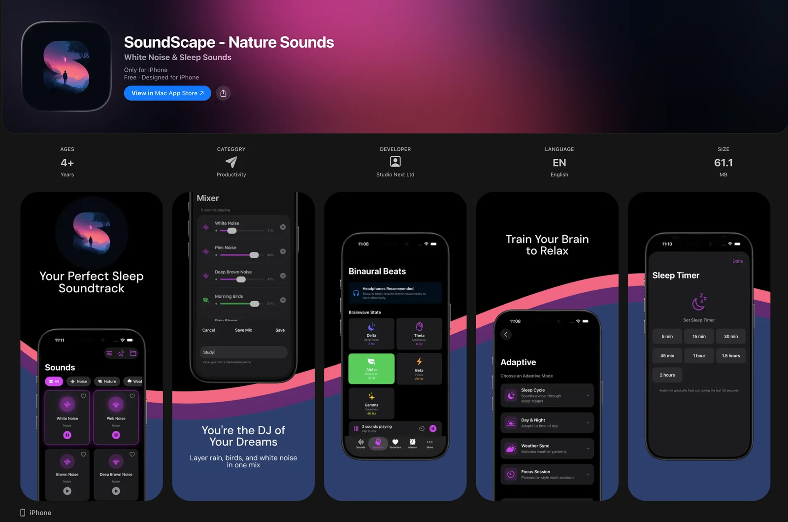 Historical SoundScape screens showing ambient audio mixes and sleep controls